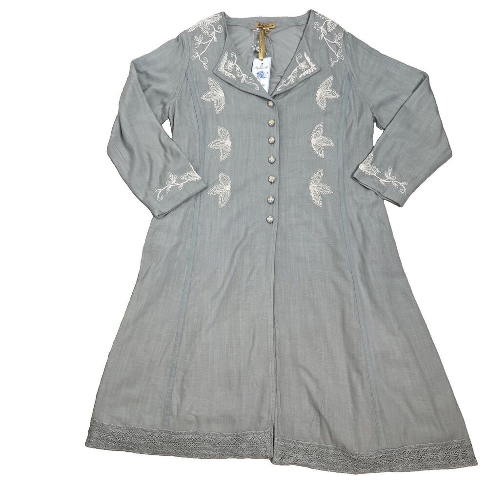 April Cornell Floral Embroidered Duster  Coat Smoke Gray Rayon Lined Boho XL New